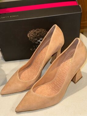 Vince Camuto Hailenda Pointed-Toe Flare-Heel Pumps in a nude suede colorway